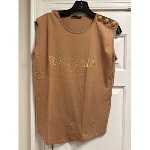 Balmain Paris Tan Cotton Sleeveless Muscle Tee Gold Logo Button Shoulder Top 38